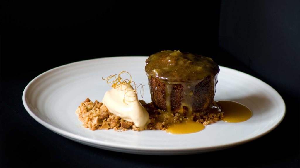 Sticky ginger cake with stem ginger toffee sauce, a ginger crumb and salted caramel ice cream - Juan