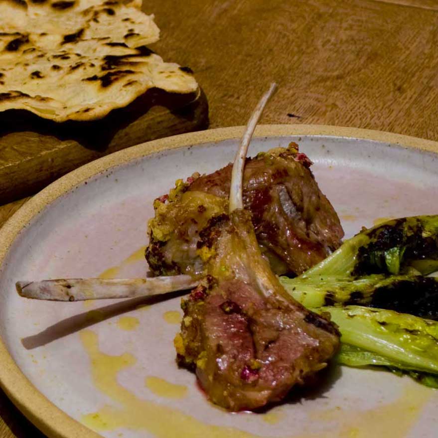 Fragrant lamb rack with labneh, honey &amp; walnuts and scorched greens - Juanita - MasterChef